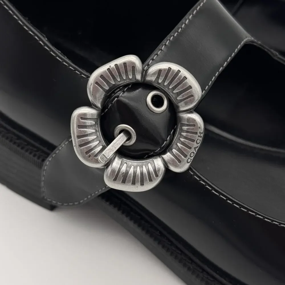 Coach Tea Rose Mary Jane Flats Womens size 7.5 Patent Leather Black Buckle Shoes